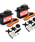 Beefy Micro Digital Servo With All Metal Gears 4.8 Kg Cm Torque At 6V Fast 0.152 Seconds Per 60 Degrees 25T Servo Arm For RC Crawler Cars Boats Drones Robots Two Pack, two black AD004 servos with leads and horn set