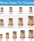 Heavy Duty One Hundred Piece 10 32 Thread Rivet Nuts And Nutserts Built Tough From Rust Resistant Carbon Steel With Durable Zinc Plating For Sheet Metal Jobs And Zero Hassle Assembly displayed in various sizes.