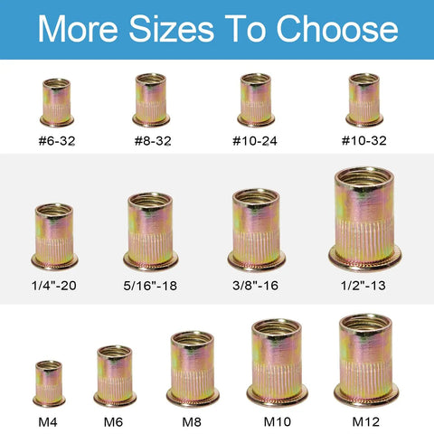 Heavy Duty One Hundred Piece 10 32 Thread Rivet Nuts And Nutserts Built Tough From Rust Resistant Carbon Steel With Durable Zinc Plating For Sheet Metal Jobs And Zero Hassle Assembly displayed in various sizes.