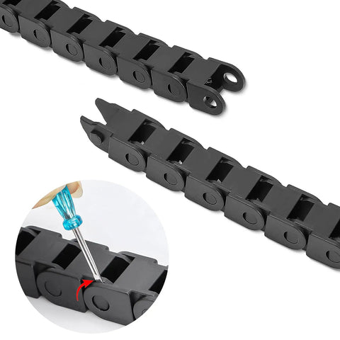 Two Piece Open Type Drag Chain Cable Carrier Kit 39.4 Inch R18 with screwdriver inserting into link, Nylon PA66