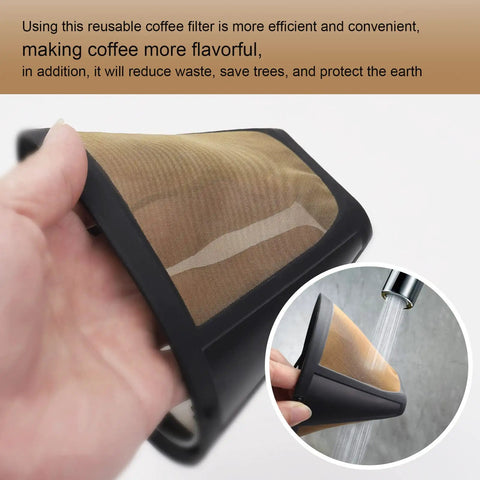 Hand holding 2 Pack Reusable Cone Coffee Filters For Dual Brew Coffee Makers Replacement Number Four Permanent Filter Compatible With Ninja And Cuisinart Machines Easy Cleanup No Mess 8 To 12 Cup Brews
