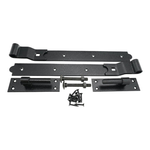 Heavy Duty Hook And Band Hinges For Shed Barn Gates Badass Durability And Sturdy As Heck Solid Black Metal Hardware with bolts and screws.