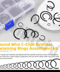 Assorted Grab-N-Go Must-Have 322Pcs 14 Size 65Mn Steel Round Wire Snap Rings Kit External Retaining C Clips M7-M30