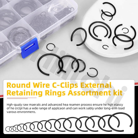 Assorted Grab-N-Go Must-Have 322Pcs 14 Size 65Mn Steel Round Wire Snap Rings Kit External Retaining C Clips M7-M30