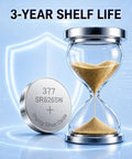 10 Pack Sr626sw And 377 Watch Batteries 1.55V Silver Oxide Button Cells next to an hourglass showing 3-year shelf life.
