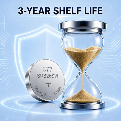 10 Pack Sr626sw And 377 Watch Batteries 1.55V Silver Oxide Button Cells next to an hourglass showing 3-year shelf life.