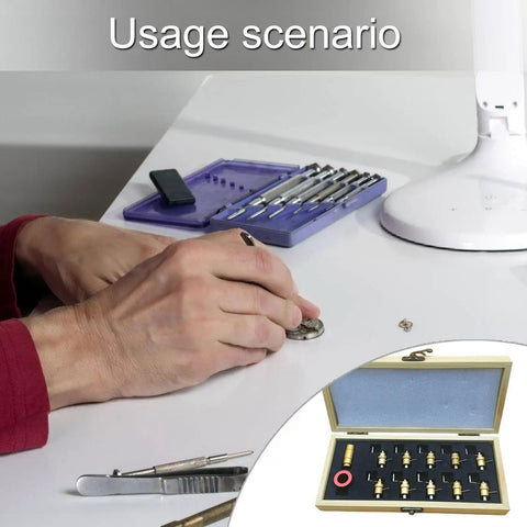 Usage of Pro Grade Metal Watch Repair Kit with mainspring winder visible, ideal for hobbyists and enthusiasts.