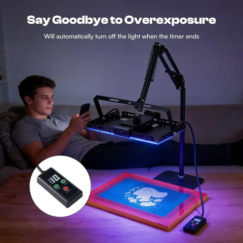 Powerful 100W LED UV Exposure Unit for Screen Printing - Featuring Adjustable Stand and Built-in Timing Device in use on table