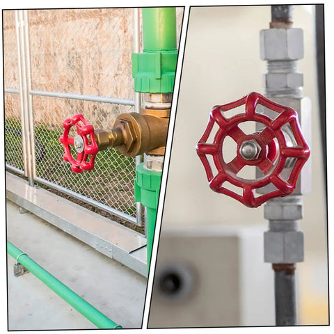 Ten Pack Cast Gate Hand Wheel Handles for Valve and Plumbing Use with red valves installed, providing fluid control and sealing.