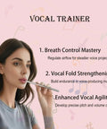 Woman using Pro Grade Singing Straw Vocal Trainer Kit with text on vocal training benefits