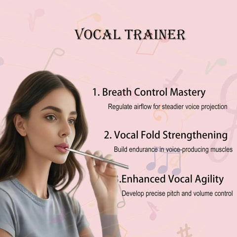 Woman using Pro Grade Singing Straw Vocal Trainer Kit with text on vocal training benefits