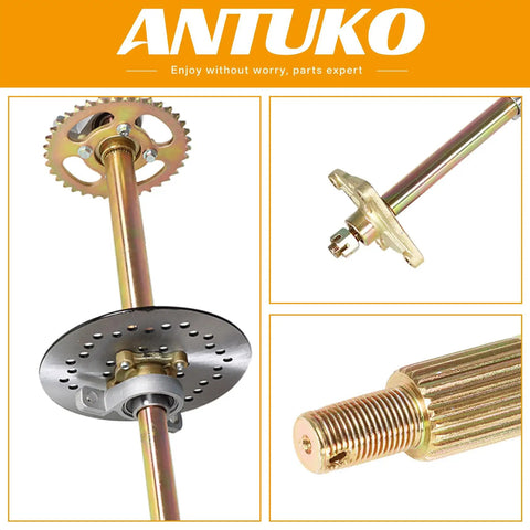 Bulletproof Rear Axle Assembly Kit For Go Kart And ATV Features Beefed Up Shafts Four Hole Wheel Hub, sprocket and brake detail.