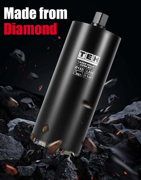 TEHify 3-inch wet diamond core drill bit with 1-1/4" thread, 14" drilling depth, black steel body (Amazon)