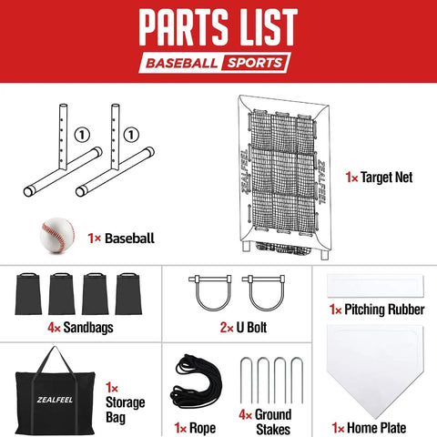 Parts list for Baseball Pitching Net Pro with 9 Hole Strike Zone Target showing net, baseball, home plate, and accessories.