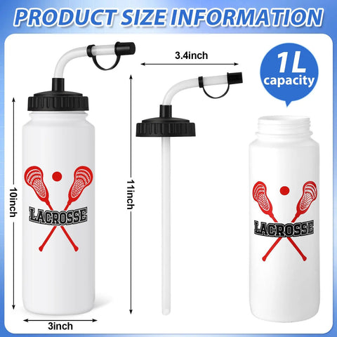 6 Pack Lacrosse Water Bottles With Extra Long Straws And Caps 1 Liter BPA Free Reusable Hydration Bottles size details