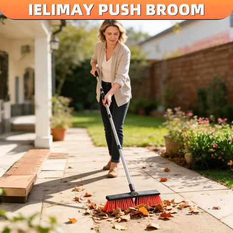 Person using Beast Of A Heavy Duty Push Broom With 55 Inch Ergonomic Handle And 18 Inch Wide Head on patio