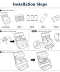 Diagram showing installation steps for must have golf trunk organizer for cars with 2 shoe compartments adjustable dividers.