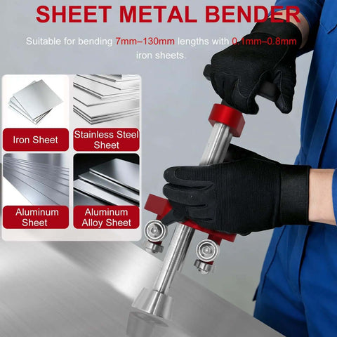 Person using Adjustable 0 To 100 Degrees Sheet Metal Bender Roller with Quick Setup for 7 To 130 mm Bends on metal sheet