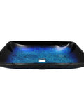 Front view of Fresca Blue And Black Glass Vessel Sink Rectangular Hand Painted Glass Vessel For Above Counter Install 21.75 X 14 X 3.5 Inches High Tempered Stain And Scratch Resistant Polished Interior Finish.