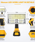 Beast LED Work Light 30W 3300LM With 110 Degree Pivot Zinc Alloy Body 5V USB Port 2.1A showcasing features and measurements
