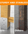 Comparison of Beefy Stainless Steel 4x4 Post Base Bracket Set Adjustable Internal 3.5x3.5 In Concrete Post Anchor with a rusty bracket.