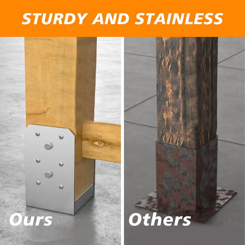 Comparison of Beefy Stainless Steel 4x4 Post Base Bracket Set Adjustable Internal 3.5x3.5 In Concrete Post Anchor with a rusty bracket.