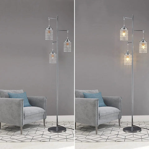 Three-Light Contemporary Crystal Floor Lamp With K9 Crystal Lampshade Chrome Finish for living room setup