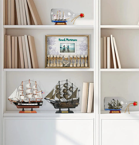Handcrafted Wooden Model Ships Set Of Two Pirates And Warships Black Pearl And USS Constitution on shelf
