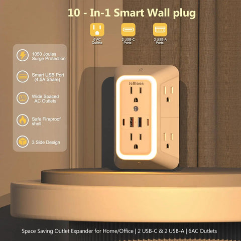 Straight Up Best Wide Spaced Wall Outlet Extender Includes Night Light Six AC Outlets Four USB Charging Ports And Functions As A Surge Protected Power Strip Doing Heavy Duty Plug Ins Daily on a table.