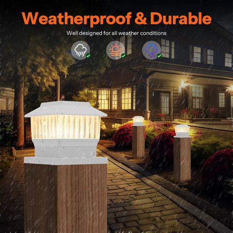 6 Pack Solar Post Cap Lights For 4x4 Vinyl And 4x4 To 6x6 Wood Posts, Waterproof Outdoor Deck Fence Lighting, at night in rain