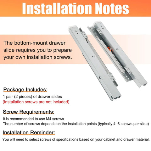 Full Extension Undermount Drawer Slides With Smooth As Butter Soft Close Action, installation notes on screw requirements.