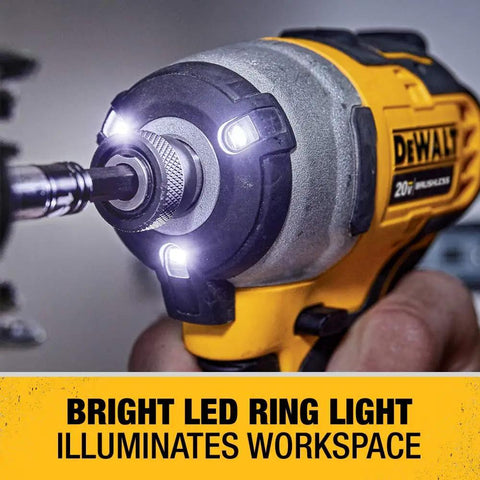 Close-up of 20V Max Cordless Impact Driver With One Quarter Inch Chuck Ultra Compact Five Point One Inch Length Seventeen Hundred Inch Pounds Of Torque Tool Only Fits In Tight Spots And Precise Control, showing LED lights.