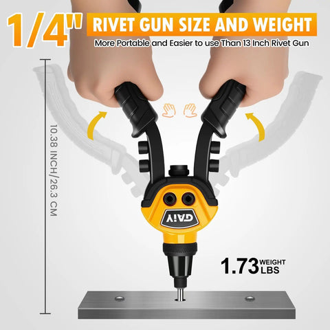Two Handed Heavy Duty Rivet Gun Kit With 250 Blind Rivets And Five Free Interchangeable Heads shown in use with measurements