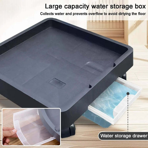 Heavy Duty Plant Drip Tray With Drawer Water Collection Box Built To Last, Square Drain Pan on wheels, close-up of drawer
