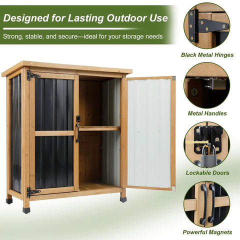 Outdoor Storage Cabinet For Small Spaces Wood And Metal Build With Weather Resistant Asphalt Roof Double Locking Doors And Removable Shelves