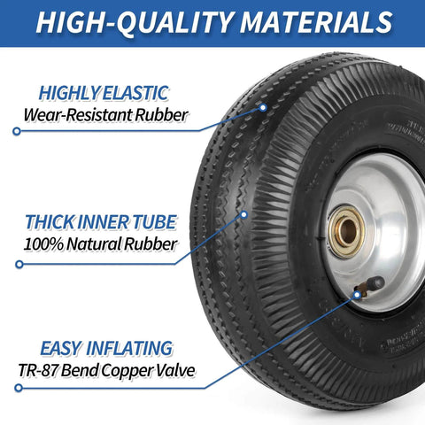 Two Pack 10 Inch Pneumatic Tire And Wheel Set For Hand Trucks And Garden Carts 4.10/3.50-4 close-up of rubber and valve