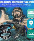 Scuba Dive Tank Strap BCD Band With 304 Stainless Cam Buckles And Non Slip Pads, durable and adjustable, shown underwater use.