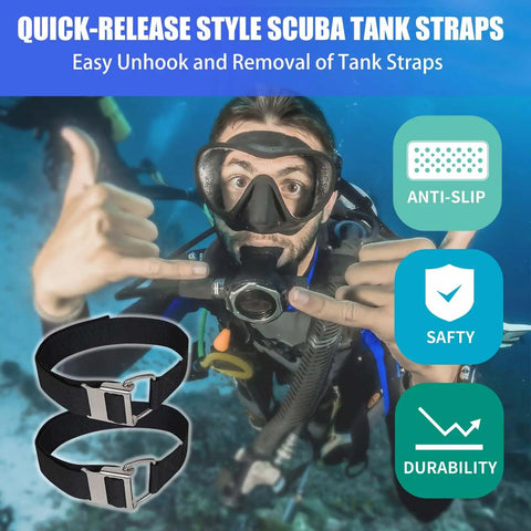Scuba Dive Tank Strap BCD Band With 304 Stainless Cam Buckles And Non Slip Pads, durable and adjustable, shown underwater use.