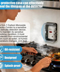 Woman cooking near wall-mounted Carbon Monoxide Detector Lock Box With 2 Keys, Protective Enclosure For CO Alarm And Natural Gas Leak Detector.