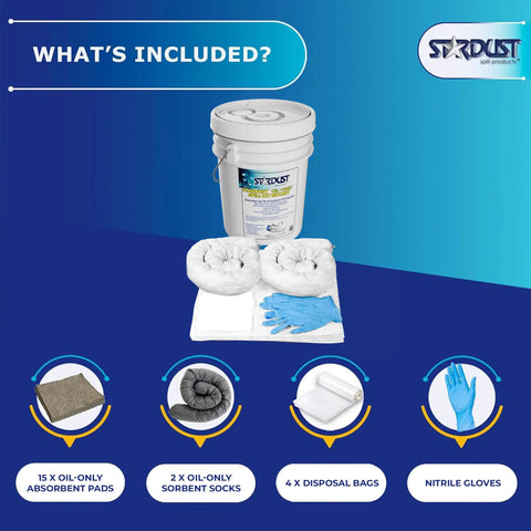 Oil Spill Response Kit With Portable Bucket OSHA Approved Includes 15 Absorbent Pads 2 Absorbent Socks 4 Disposal Bags And Nitrile Gloves