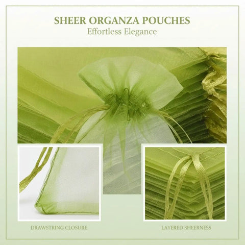 Close-up of One Hundred Green Organza Bags With Sheer Mesh Drawstring Pouches 7.9x11.8 In showcasing drawstring and fabric quality