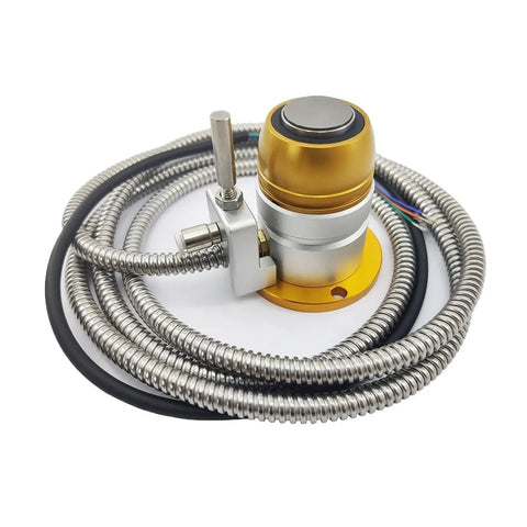Heavy Duty Cnc Automatic Tool Sensor And Precision Probe Gauge For Nitty Gritty Machining Setup With Spot On Tip Damage Detection and Slick Waterproof Calibration, featuring a gold and silver design with flexible metal tubing.