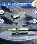 PL259 UHF Male Coaxial Connectors Set 10 Pack Solder Type 50 Ohm Gold Plated Brass with Teflon Insulation on round stand