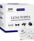 Front view of Pikabeast 200-count lens wipes box for eyeglasses, cameras, and devices; white packaging with blue logo