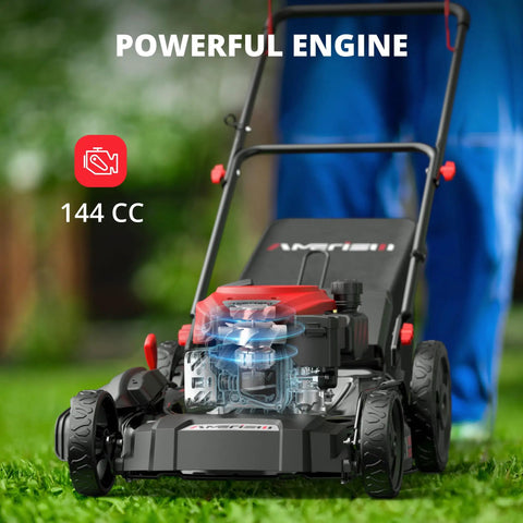 21 Inch Gas Push Lawn Mower With Mulching Bagging And Side Discharge 144cc 4 Stroke OHV Engine on grass, focus on engine detail