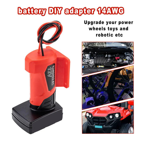Power Battery Adapter Wheel For 12V M12 Battery With 14 Gauge Connector shown with DIY RC cars and robotic projects