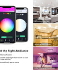 Image showing app interface controlling GU10 Smart RGB LED Bulbs Pack of 4 No Hub Required Dimmable Via App Works with Alexa and Google Assistant 2.4G WiFi Only 50W Equivalent Track Lighting Color Changing LED Bulbs for Home in different room settings: refreshing daylight, relaxing warm white, and color-changing mood light.