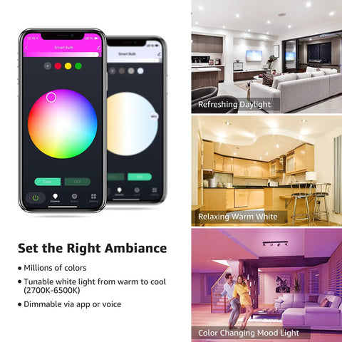 Image showing app interface controlling GU10 Smart RGB LED Bulbs Pack of 4 No Hub Required Dimmable Via App Works with Alexa and Google Assistant 2.4G WiFi Only 50W Equivalent Track Lighting Color Changing LED Bulbs for Home in different room settings: refreshing daylight, relaxing warm white, and color-changing mood light.