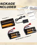 Package contents featuring 7.4V 3300mAh Li-Ion RC Battery with Dean-Style T Plug for WLtoys, USB charger, and manual.