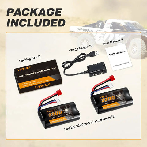 Package contents featuring 7.4V 3300mAh Li-Ion RC Battery with Dean-Style T Plug for WLtoys, USB charger, and manual.